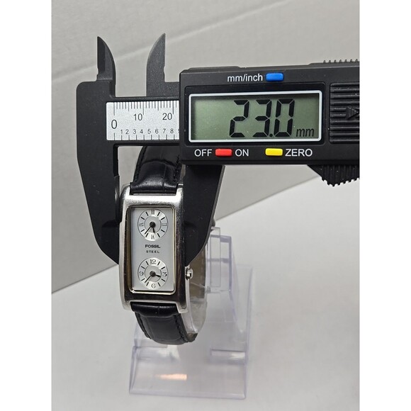 Fossil Steel Dual Time Tank 23mm Watch Silver Black Leather Quartz New Battery - Picture 5 of 13